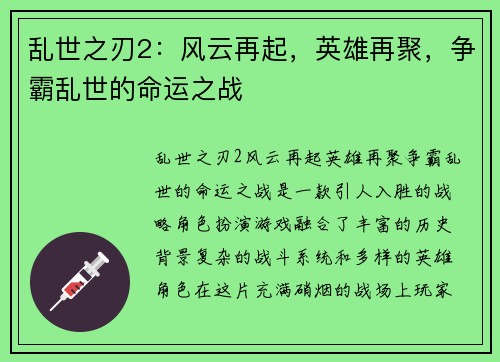 乱世之刃2：风云再起，英雄再聚，争霸乱世的命运之战